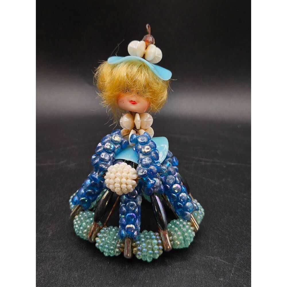 Vintage Safety Pin Doll Blue Beaded With Blonde Hair Kitchy